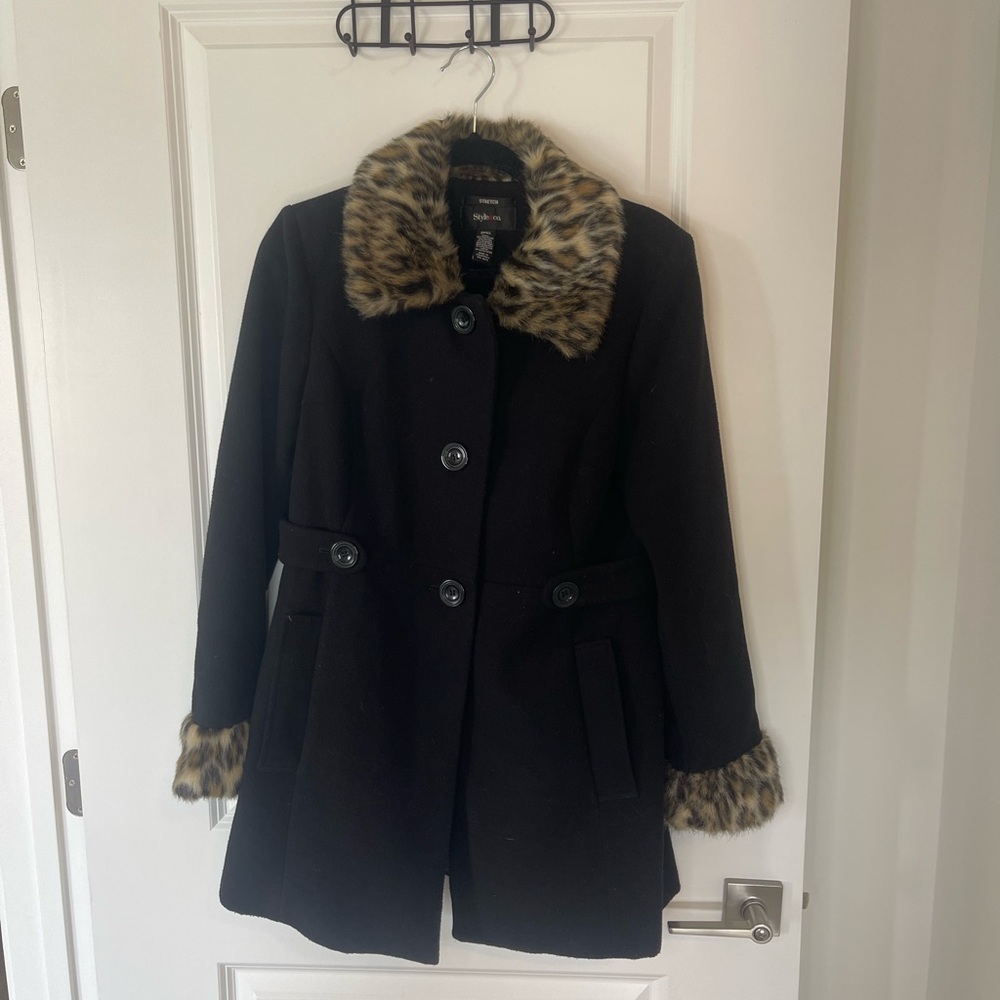 Black Pea Coat with Fur Collar and Cuffs
